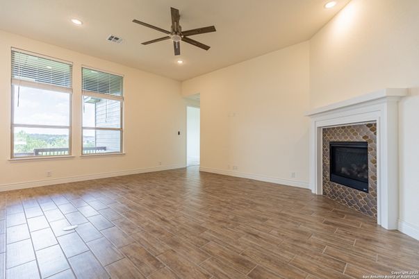 Empty room, Fireplace, Interior, Recessed Lighting, Wood Texture Flooring