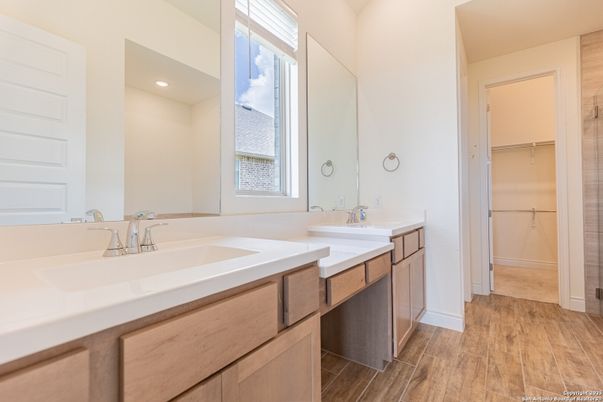 Bathroom, Dual Sink Vanities, Interior, Recessed Lighting, Wood Texture Flooring