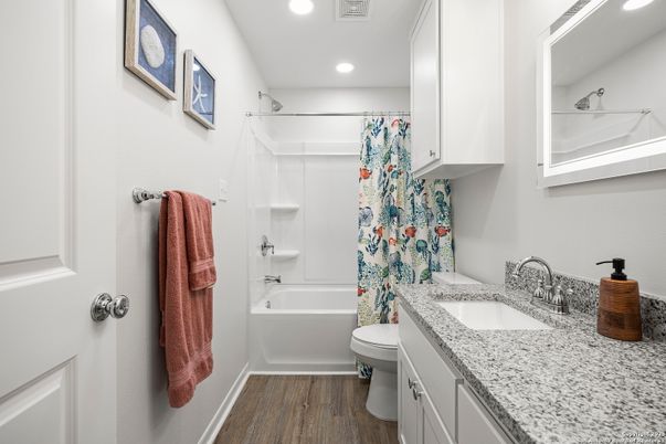 Bathroom, Interior, Recessed Lighting, Wood Texture Flooring