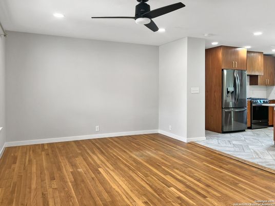 Empty room, Interior, Kitchen, Recessed Lighting, Wood Texture Flooring
