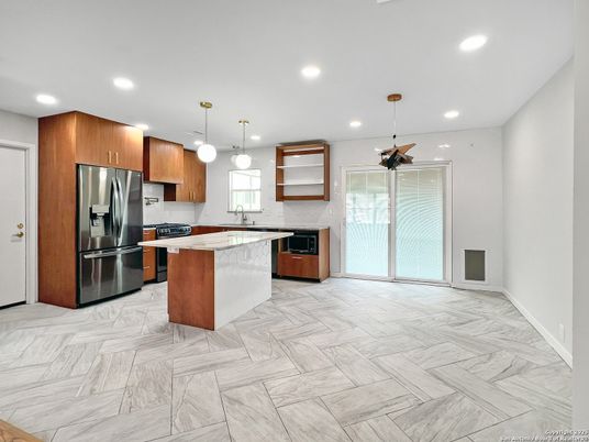 Interior, Kitchen, Marble, Pendant Lights, Recessed Lighting, Stainless Steel Appliances