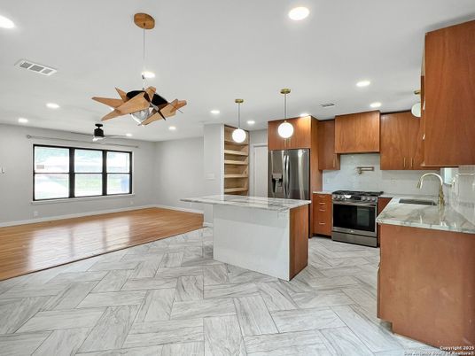 Interior, Kitchen, Marble, Pendant Lights, Recessed Lighting, Stainless Steel Appliances