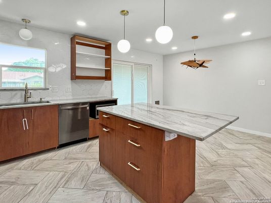 Interior, Kitchen, Marble, Pendant Lights, Recessed Lighting, Stainless Steel Appliances