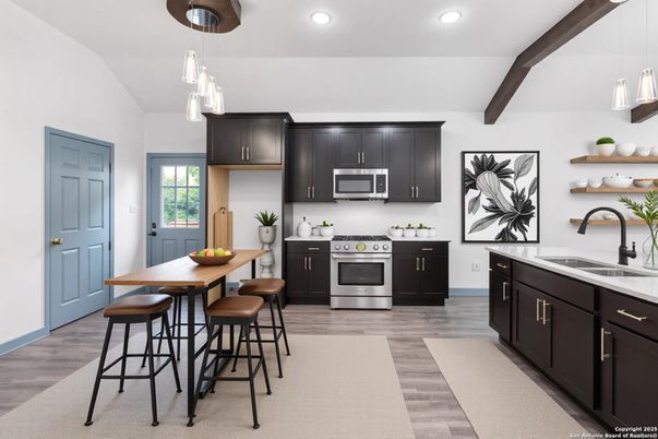 Interior, Kitchen, Pendant Lights, Recessed Lighting, Stainless Steel Appliances, Wooden Beams, Wood Texture Flooring