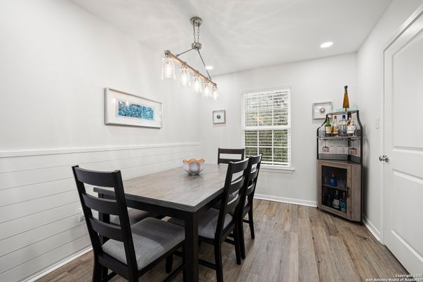 Dining room, Interior, Pendant Lights, Recessed Lighting, Wood Texture Flooring