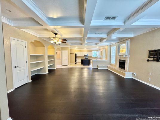 Empty room, Fireplace, Interior, Recessed Lighting, Wood Texture Flooring