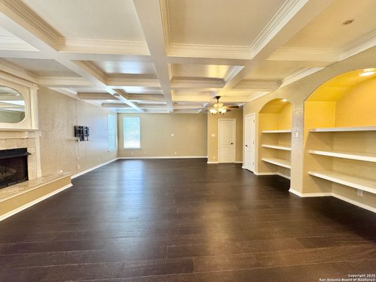 Empty room, Fireplace, Interior, Recessed Lighting, Wood Texture Flooring