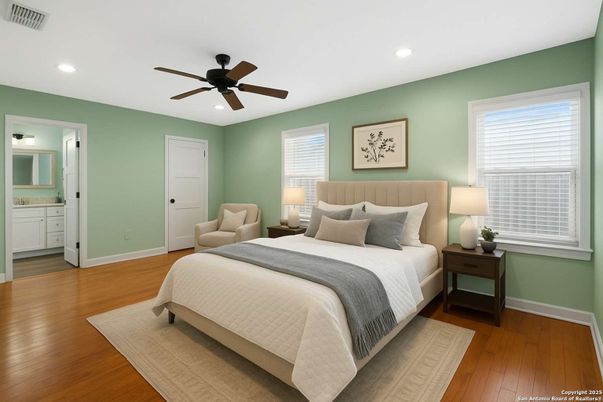 Bedroom, Interior, Recessed Lighting, Wood Texture Flooring