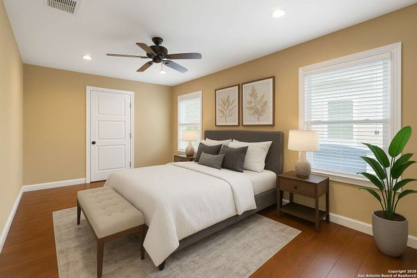 Bedroom, Interior, Recessed Lighting, Wood Texture Flooring