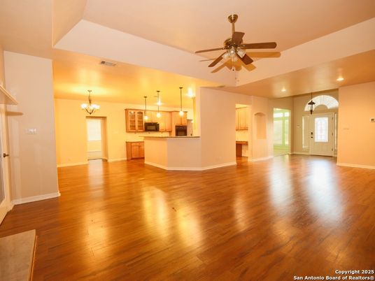 Chandelier, Empty room, Interior, Kitchen, Pendant Lights, Recessed Lighting, Wood Texture Flooring