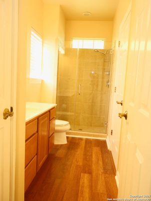 Bathroom, Glass Shower, Interior, Wood Texture Flooring