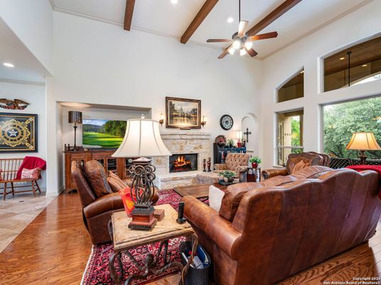 Fireplace, Interior, Living room, Recessed Lighting, Wooden Beams, Wood Texture Flooring
