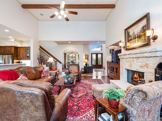 Fireplace, Interior, Kitchen, Living room, Recessed Lighting, Stainless Steel Appliances, Wood Texture Flooring
