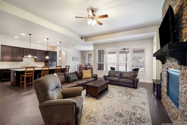 Dining room, Fireplace, Interior, Kitchen, Living room, Pendant Lights, Recessed Lighting, Wood Texture Flooring