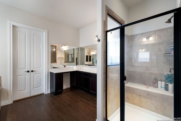 Bathroom, Dual Sink Vanities, Glass Shower, Interior, Wood Texture Flooring