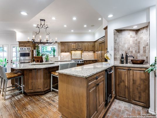 Chandelier, Interior, Kitchen, Recessed Lighting, Stainless Steel Appliances, Wood Texture Flooring