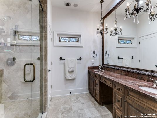 Bathroom, Chandelier, Dual Sink Vanities, Glass Shower, Interior