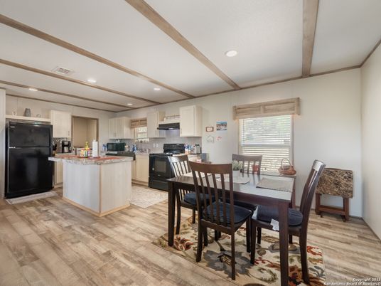 Dining room, Interior, Kitchen, Recessed Lighting, Stainless Steel Appliances, Wooden Beams, Wood Texture Flooring