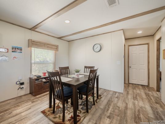 Dining room, Interior, Recessed Lighting, Wood Texture Flooring