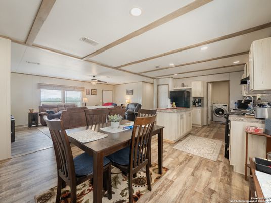Dining room, Interior, Kitchen, Living room, Recessed Lighting, Wood Texture Flooring