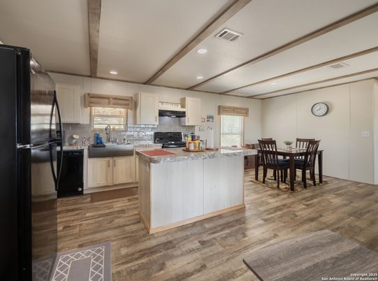 Dining room, Interior, Kitchen, Recessed Lighting, Stainless Steel Appliances, Wooden Beams, Wood Texture Flooring