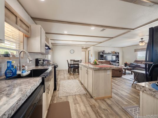 Dining room, Interior, Kitchen, Living room, Recessed Lighting, Wood Texture Flooring
