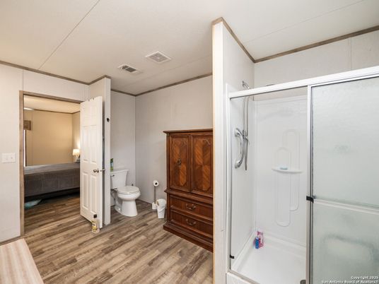 Bathroom, Bedroom, Glass Shower, Interior, Wood Texture Flooring