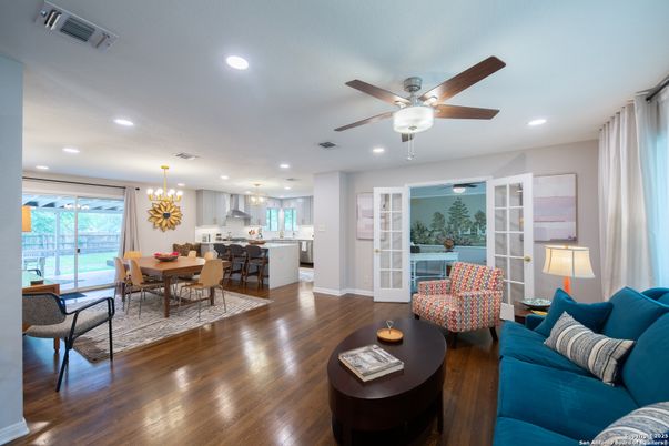 Chandelier, Dining room, Interior, Kitchen, Living room, Pendant Lights, Recessed Lighting, Wood Texture Flooring