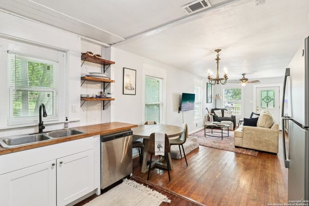Chandelier, Dining room, Interior, Kitchen, Living room, Wood Texture Flooring