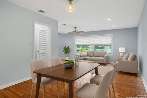Dining room, Interior, Living room, Recessed Lighting, Wood Texture Flooring