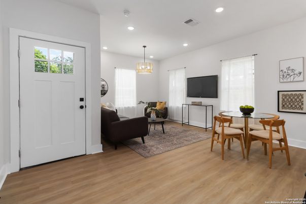 Dining room, Interior, Pendant Lights, Recessed Lighting, Wood Texture Flooring
