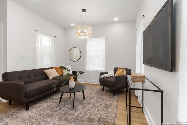 Interior, Living room, Pendant Lights, Recessed Lighting, Wood Texture Flooring