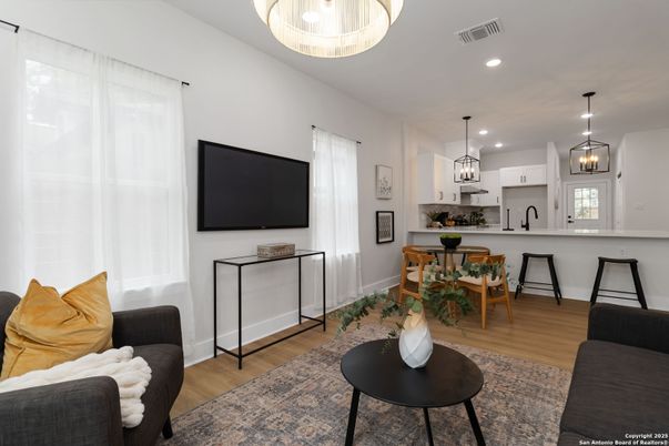 Dining room, Interior, Kitchen, Living room, Pendant Lights, Recessed Lighting, Wood Texture Flooring