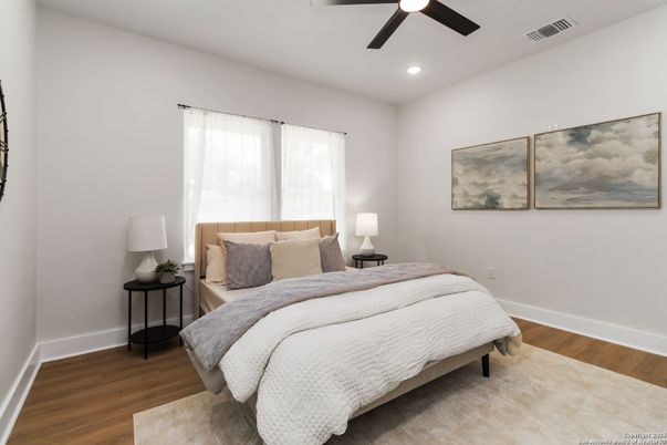 Bedroom, Interior, Recessed Lighting, Wood Texture Flooring