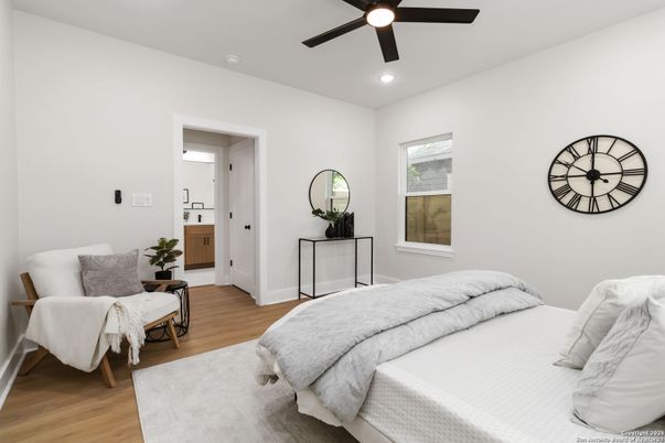 Bedroom, Interior, Recessed Lighting, Wood Texture Flooring