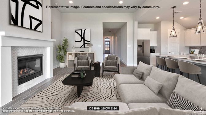 Dining room, Fireplace, Interior, Kitchen, Living room, Pendant Lights, Recessed Lighting, Stainless Steel Appliances, Wood Texture Flooring
