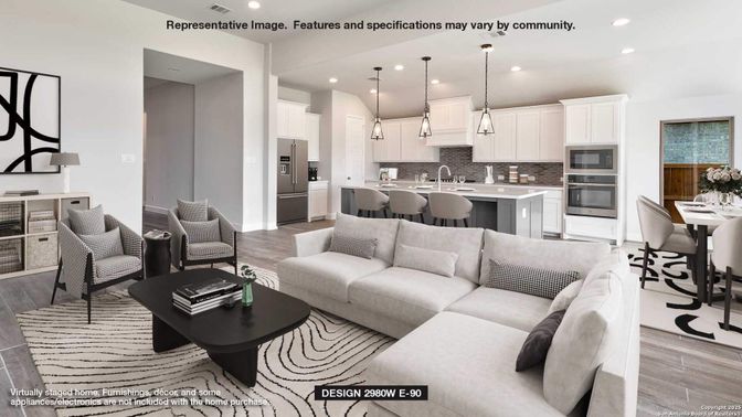 Dining room, Interior, Kitchen, Living room, Pendant Lights, Recessed Lighting, Stainless Steel Appliances, Wood Texture Flooring