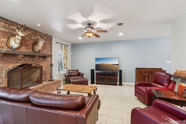 Fireplace, Interior, Living room, Recessed Lighting, Stone Walls