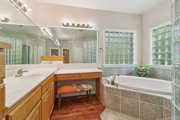 Bathroom, Dual Sink Vanities, Interior, Wood Texture Flooring