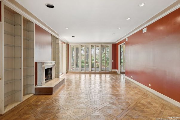 Empty room, Fireplace, Interior, Recessed Lighting, Wood Texture Flooring