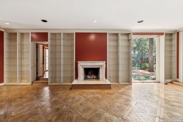 Empty room, Fireplace, Interior, Recessed Lighting, Wood Texture Flooring