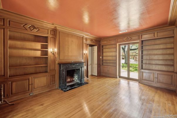 Empty room, Fireplace, Interior, Recessed Lighting, Wood Texture Flooring, Wooden Walls