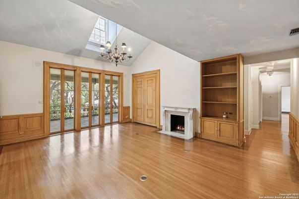 Chandelier, Empty room, Fireplace, Interior, Wood Texture Flooring