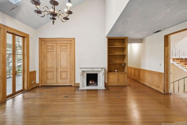 Chandelier, Empty room, Fireplace, Interior, Wood Texture Flooring