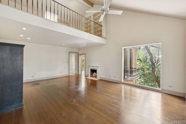 Empty room, Fireplace, Interior, Recessed Lighting, Wood Texture Flooring