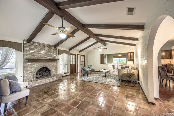 Fireplace, Interior, Living room, Stone Walls, Wooden Beams