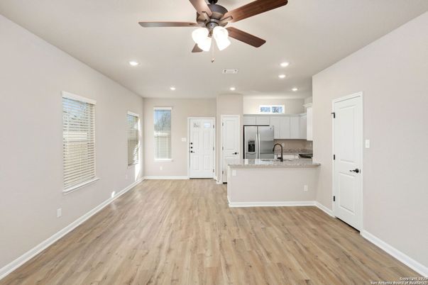 Empty room, Interior, Kitchen, Recessed Lighting, Wood Texture Flooring