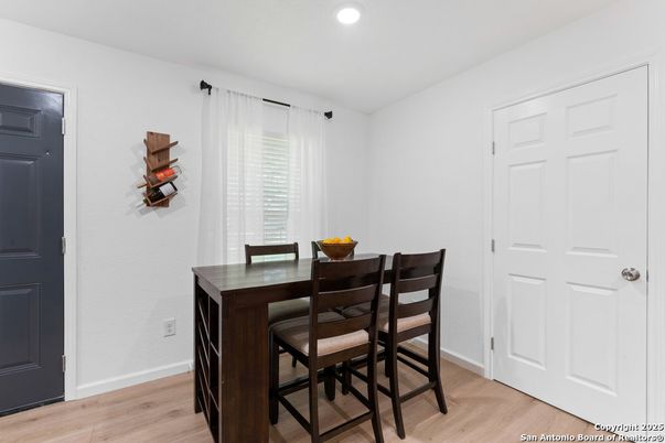 Dining room, Interior, Recessed Lighting, Wood Texture Flooring