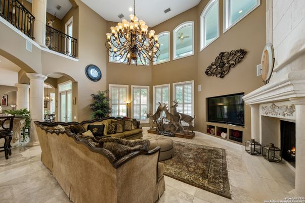 Chandelier, Fireplace, Interior, Living room, Recessed Lighting