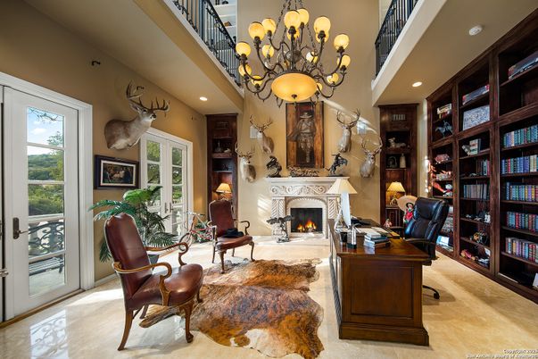 Chandelier, Fireplace, Home Office, Interior, Living room, Recessed Lighting